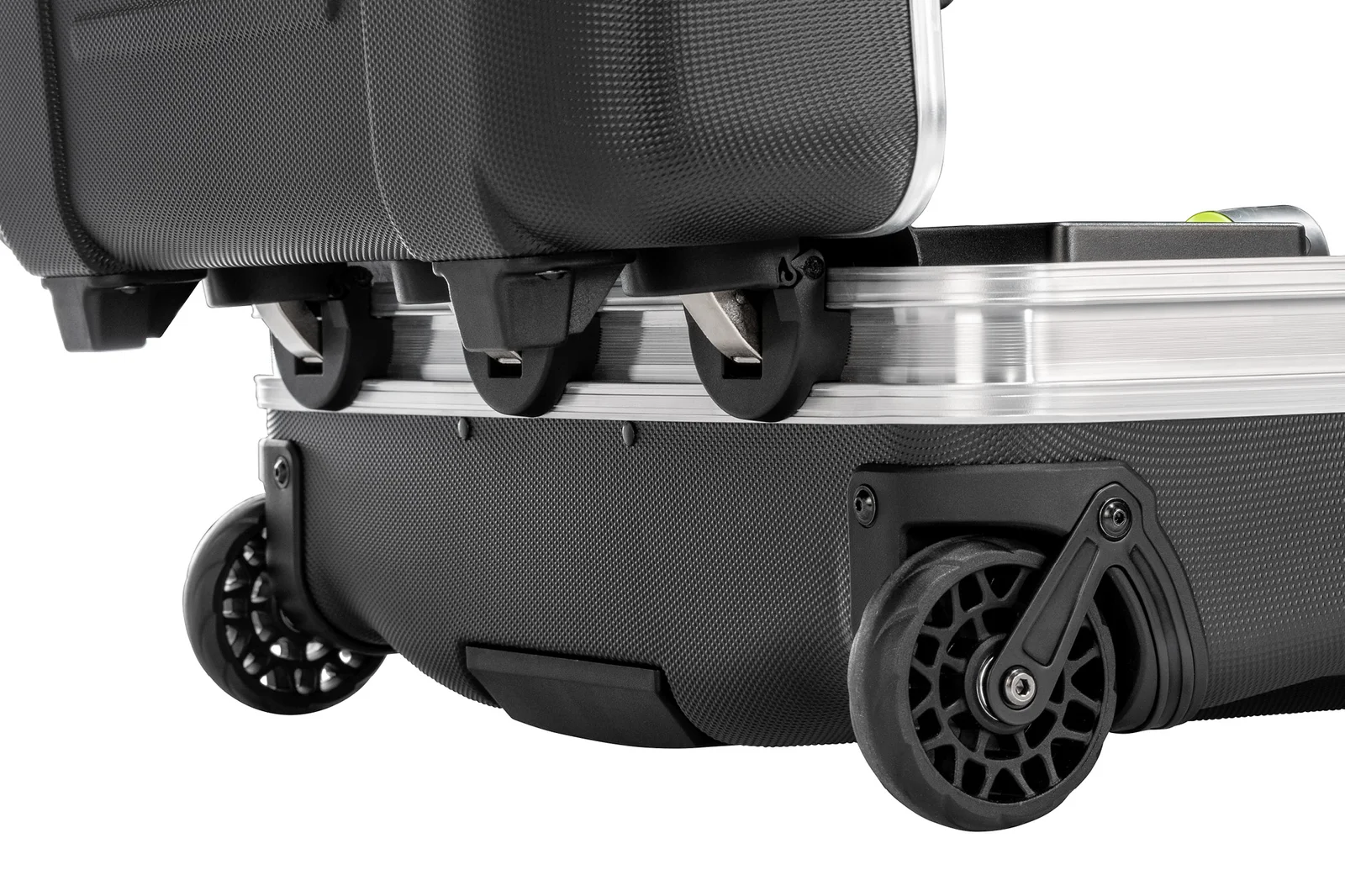 Detailed view of transport system rollable castors on PARAT case