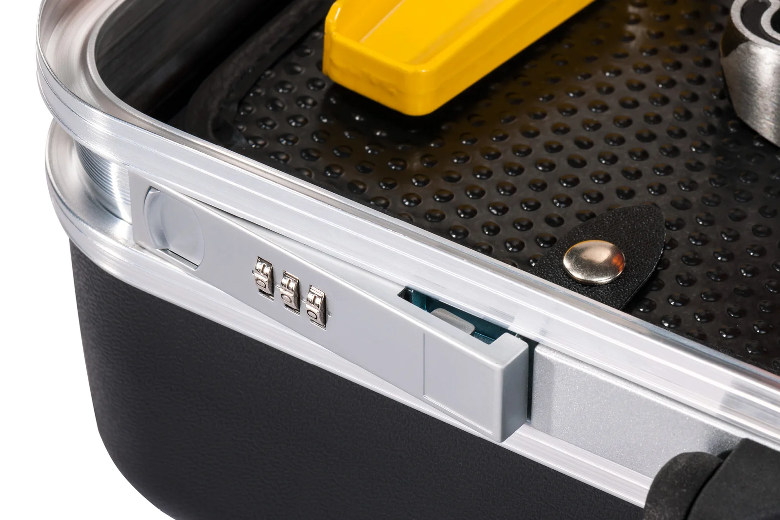 Detailed view of combination lock on PARAT case
